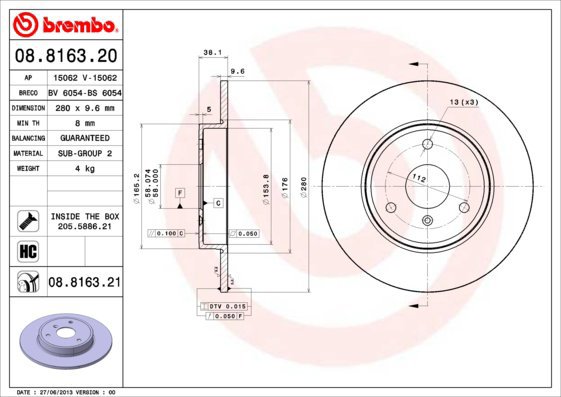 BREMBO brake disc 08.8163.20, set of 2 - Brake Disc
