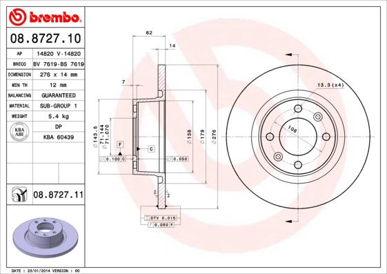 BREMBO brake disc 08.8727.10, set of 2 - Brake Disc