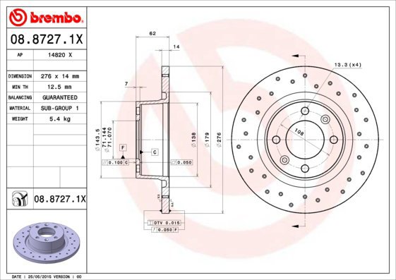 BREMBO brake disc 08.8727.1X, set of 2 - Brake Disc