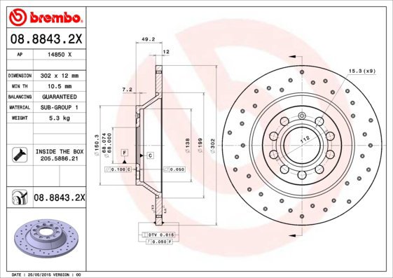 BREMBO brake disc 08.8843.2X, set of 2 - Brake Disc