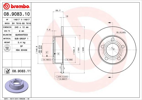 BREMBO brake disc 08.9083.10, set of 2 - Brake Disc