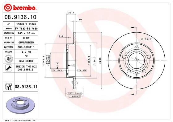 BREMBO brake disc 08.9136.10, set of 2 - Brake Disc