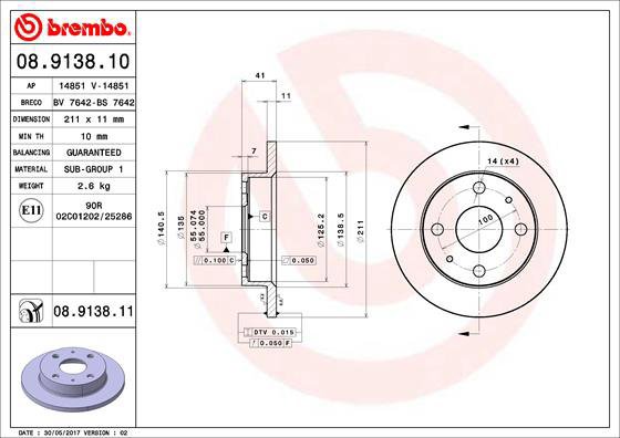BREMBO brake disc 08.9138.10, set of 2 - Brake Disc
