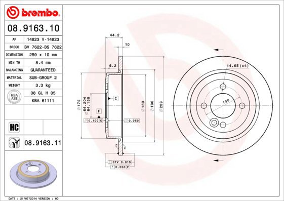 BREMBO brake disc 08.9163.10, set of 2 - Brake Disc