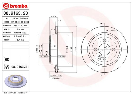 BREMBO brake disc 08.9163.20, set of 2 - Brake Disc