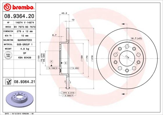 BREMBO brake disc 08.9364.20, set of 2 - Brake Disc
