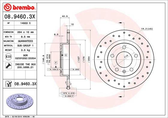 BREMBO brake disc 08.9460.3X, set of 2 - Brake Disc