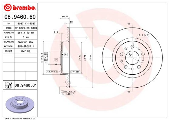 BREMBO brake disc 08.9460.60, set of 2 - Brake Disc