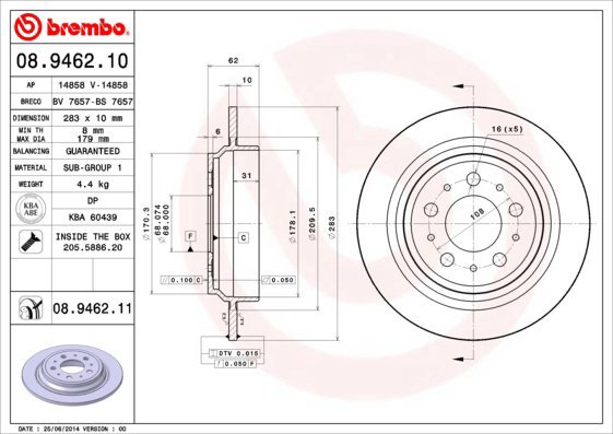 BREMBO brake disc 08.9462.10, set of 2 - Brake Disc