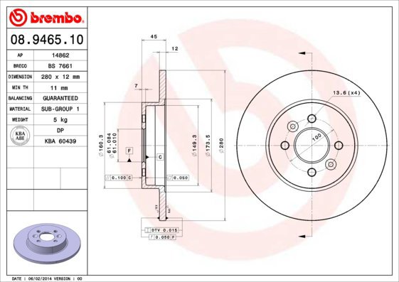 BREMBO brake disc 08.9465.10, set of 2 - Brake Disc