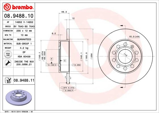 BREMBO brake disc 08.9488.10, set of 2 - Brake Disc