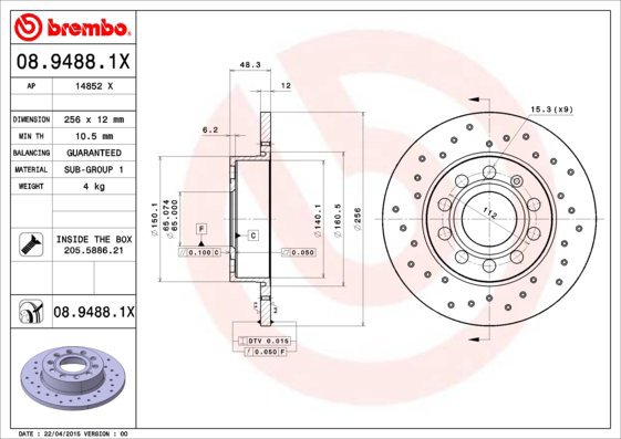 BREMBO brake disc 08.9488.1X, set of 2 - Brake Disc