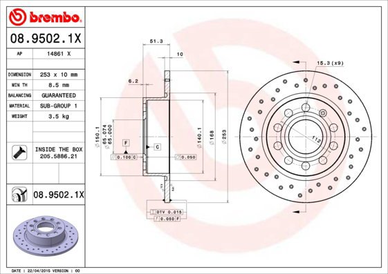BREMBO brake disc 08.9502.1X, set of 2 - Brake Disc