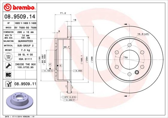 BREMBO brake disc 08.9509.14, set of 2 - Brake Disc