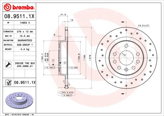 BREMBO brake disc 08.9511.1X, set of 2 - Brake Disc