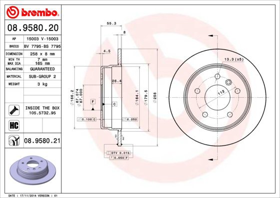 BREMBO brake disc 08.9580.20, set of 2 - Brake Disc