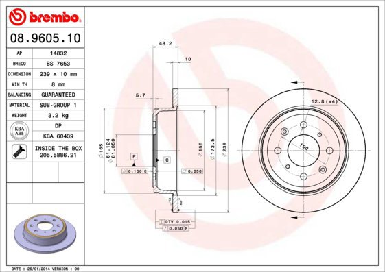 BREMBO brake disc 08.9605.10, set of 2 - Brake Disc