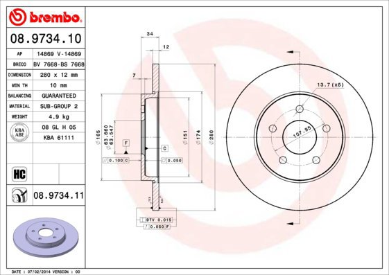 BREMBO brake disc 08.9734.10, set of 2 - Brake Disc