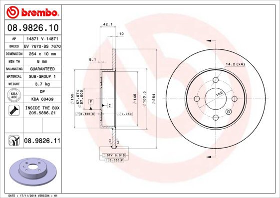 BREMBO brake disc 08.9826.10, set of 2 - Brake Disc