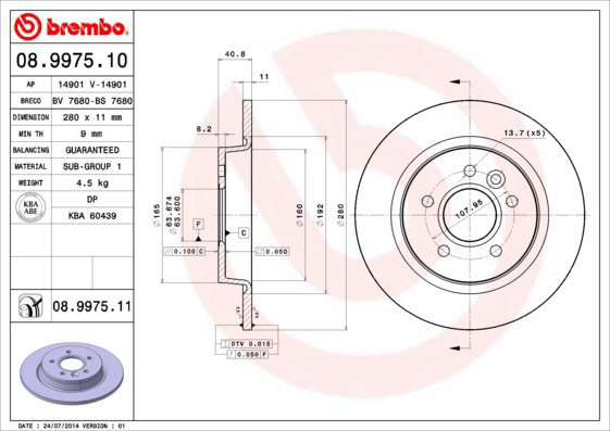 BREMBO brake disc 08.9975.10, set of 2 - Brake Disc