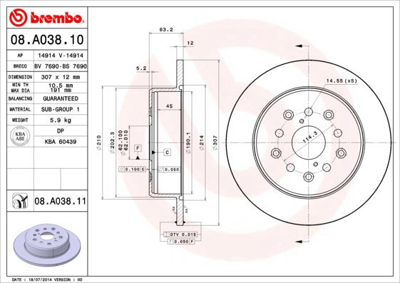 BREMBO brake disc 08. A038.11, set of 2 - Brake Disc