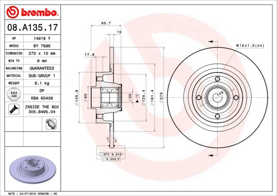 BREMBO brake disc 08. A135.17, set of 2 - Brake Disc