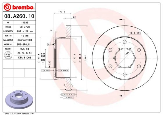 BREMBO brake disc 08. A260.10, set of 2 - Brake Disc