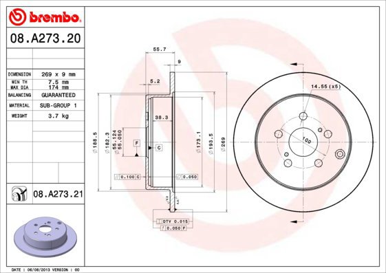 BREMBO brake disc 08. A273.21, set of 2 - Brake Disc