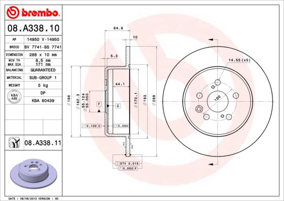 BREMBO brake disc 08. A338.10, set of 2 - Brake Disc
