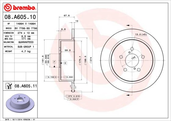 BREMBO brake disc 08. A605.11, set of 2 - Brake Disc