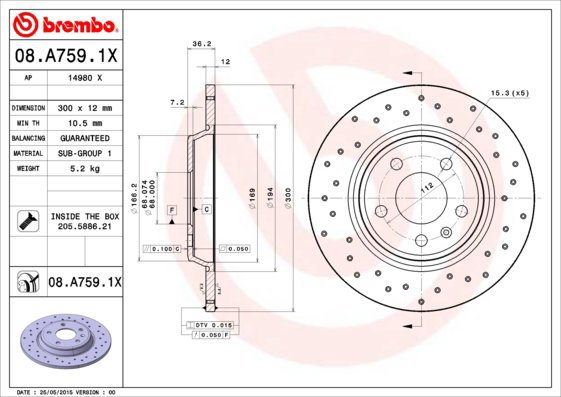 BREMBO brake disc 08. A759.1X, set of 2 - Brake Disc
