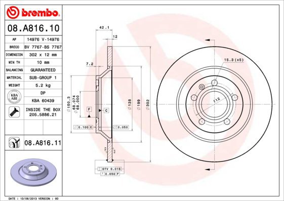 BREMBO brake disc 08. A816.10, set of 2 - Brake Disc