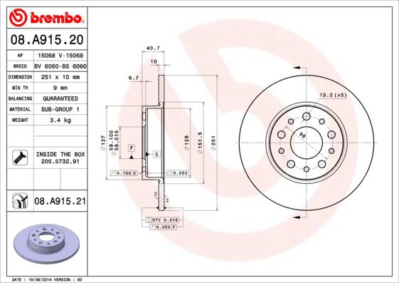 BREMBO brake disc 08. A915.21, set of 2 - Brake Disc