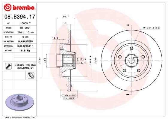 BREMBO brake disc 08. B394.17, set of 2 - Brake Disc