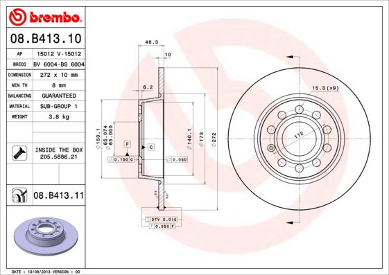 BREMBO Brake disc OC2 272 REAR 08. B413.11, set of 2 - Brake Disc