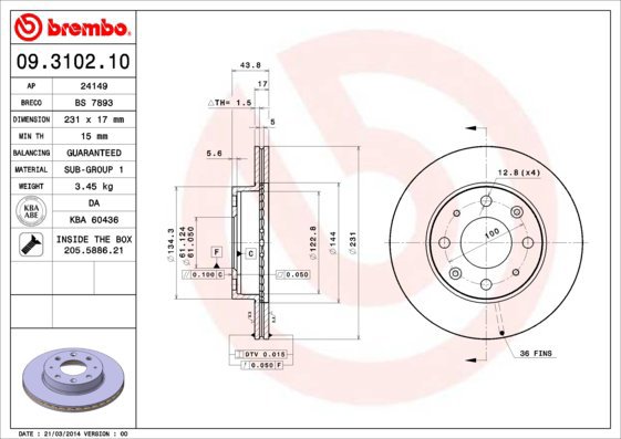 BREMBO brake disc 09.3102.10, set of 2 - Brake Disc