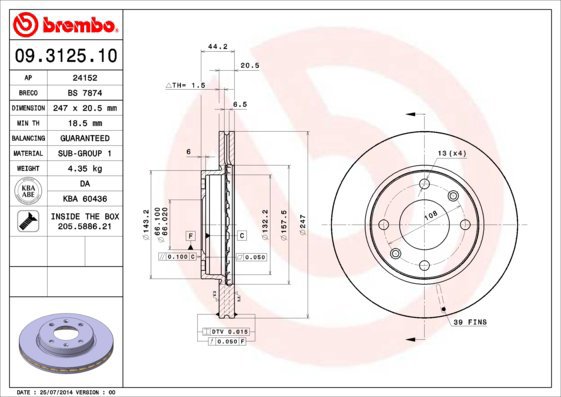 BREMBO brake disc 09.3125.10, set of 2 - Brake Disc