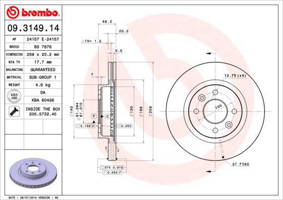 BREMBO brake disc 09.3149.14, set of 2 - Brake Disc