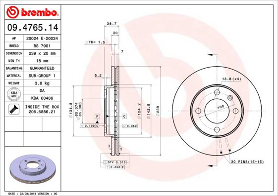 BREMBO brake disc 09.4765.14, set of 2 - Brake Disc