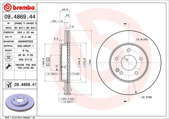BREMBO brake disc 09.4869.44, set of 2 - Brake Disc