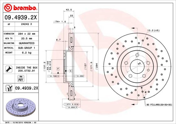 BREMBO brake disc 09.4939.2X, set of 2 - Brake Disc