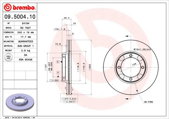 BREMBO brake disc 09.5004.10, set of 2 - Brake Disc