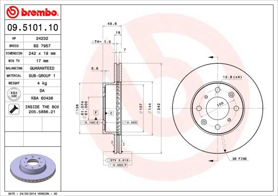 BREMBO brake disc 09.5101.10, set of 2 - Brake Disc