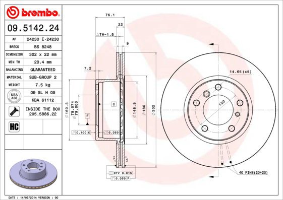 BREMBO brake disc 09.5142.24, set of 2 - Brake Disc