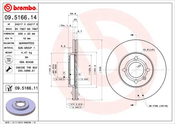 BREMBO brake disc 09.5166.14, set of 2 - Brake Disc