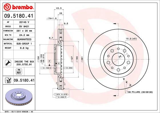 BREMBO brake disc 09.5180.41, set of 2 - Brake Disc