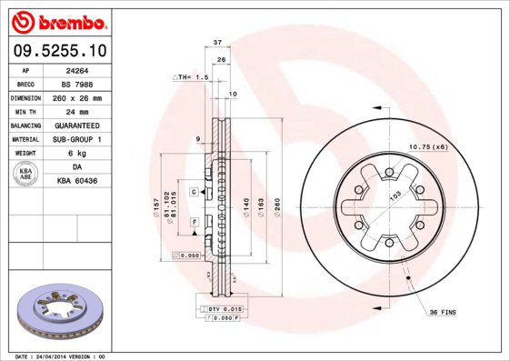 BREMBO brake disc 09.5255.10, set of 2 - Brake Disc