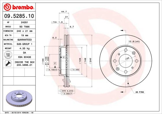 BREMBO brake disc 09.5285.10, set of 2 - Brake Disc