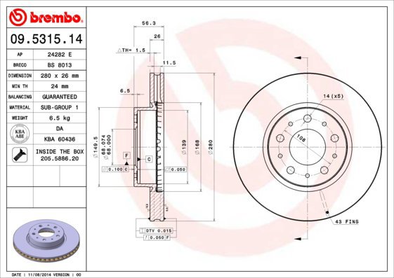 BREMBO brake disc 09.5315.14, set of 2 - Brake Disc