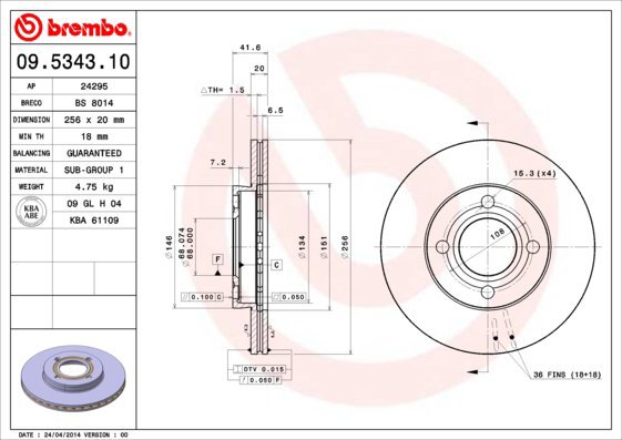 BREMBO brake disc 09.5343.10, set of 2 - Brake Disc